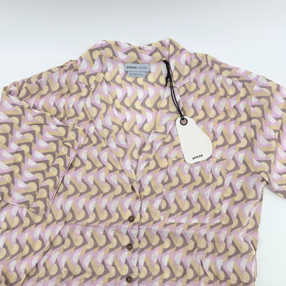 Prana Iguala Top Willow Retro Geo Pink Tan Button Down Shirt Womens XS NEW